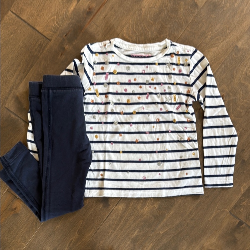 Crewcuts Blue and White Long Sleeve Tee with navy leggings